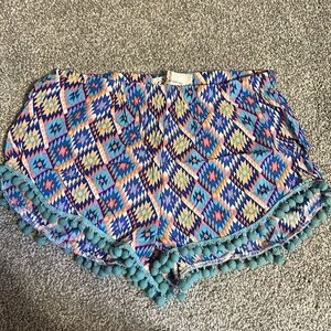 Boutique Blue Tribal Print Pom-Pom Shorts Small
